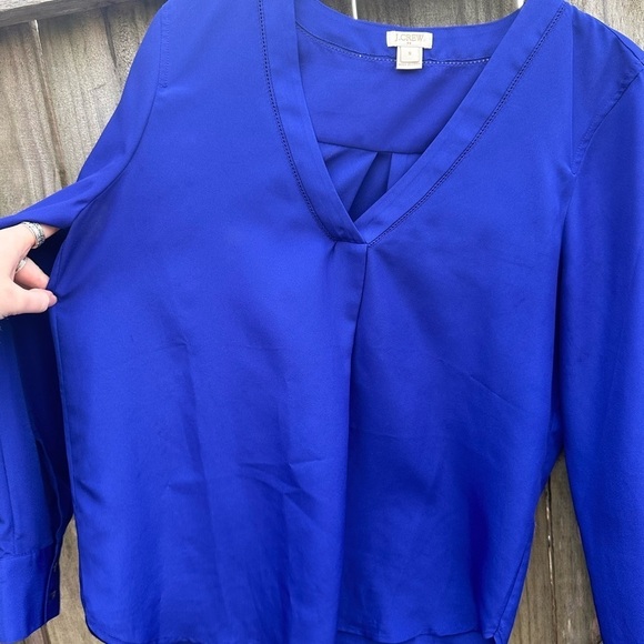 J. Crew Factory Royal Blue V Neckline Business Casual Button Sleeve Blouse - Picture 4 of 6